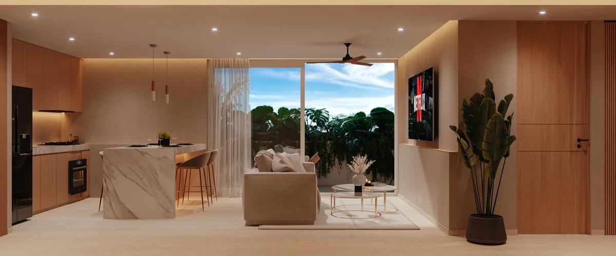 Image of a Open-Concept Layout, featuring Modern Kitchen and Marble Waterfall Island.
