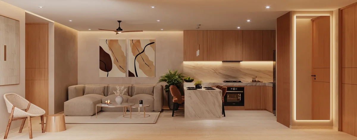 Image of a Open-Plan Living, featuring Modern Kitchen and Marble Kitchen Island.