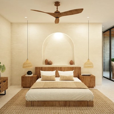 Image of a Master Bedroom, featuring Bohemian Decor and Wooden Furniture.