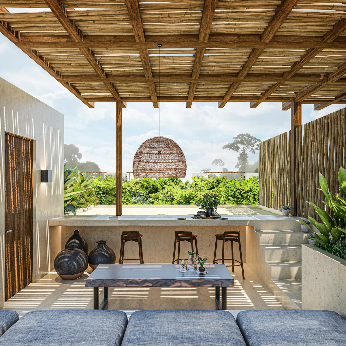 Image of a Covered Patio, featuring Outdoor Lounge and Wooden Pergola.