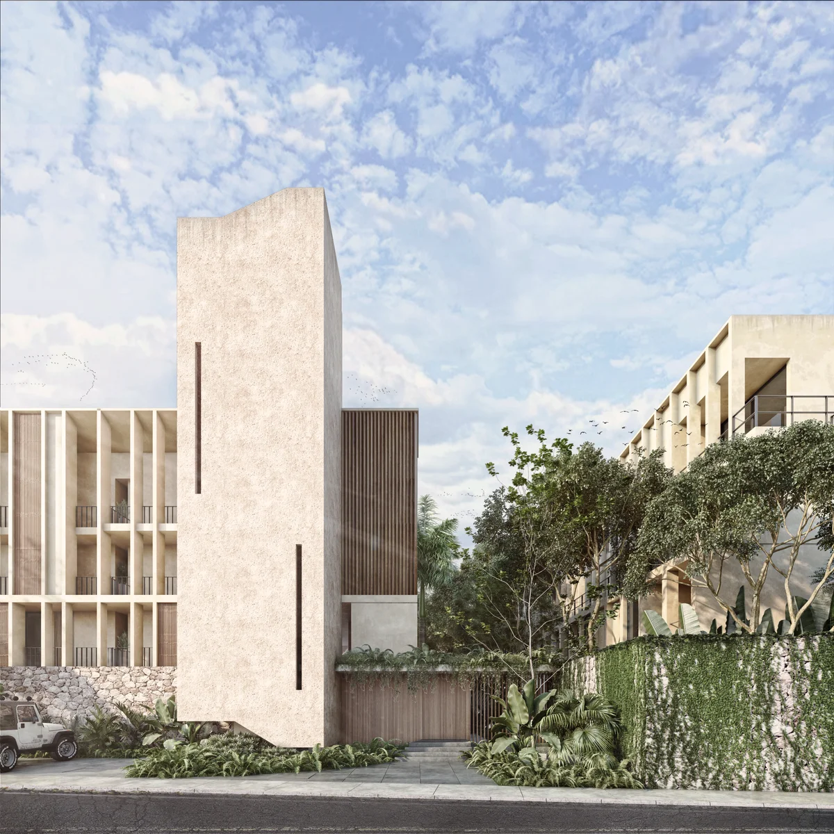 Image of a Modern Architecture, featuring Lush Landscaping and Textured Stucco Facade.