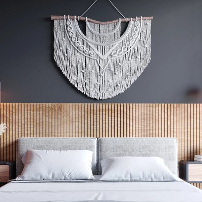 Image of a Modern Bedroom, featuring Wood Slat Accent Wall and Bohemian Decor.