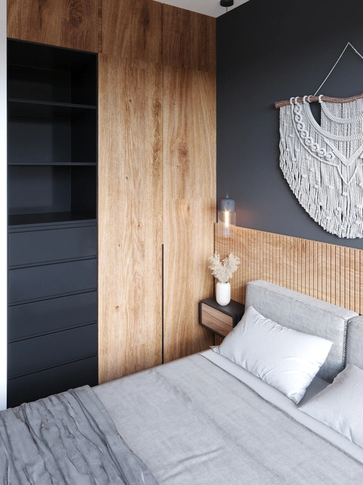 Image of a Modern Bedroom, featuring Built-in Wardrobe and Wood Paneling.