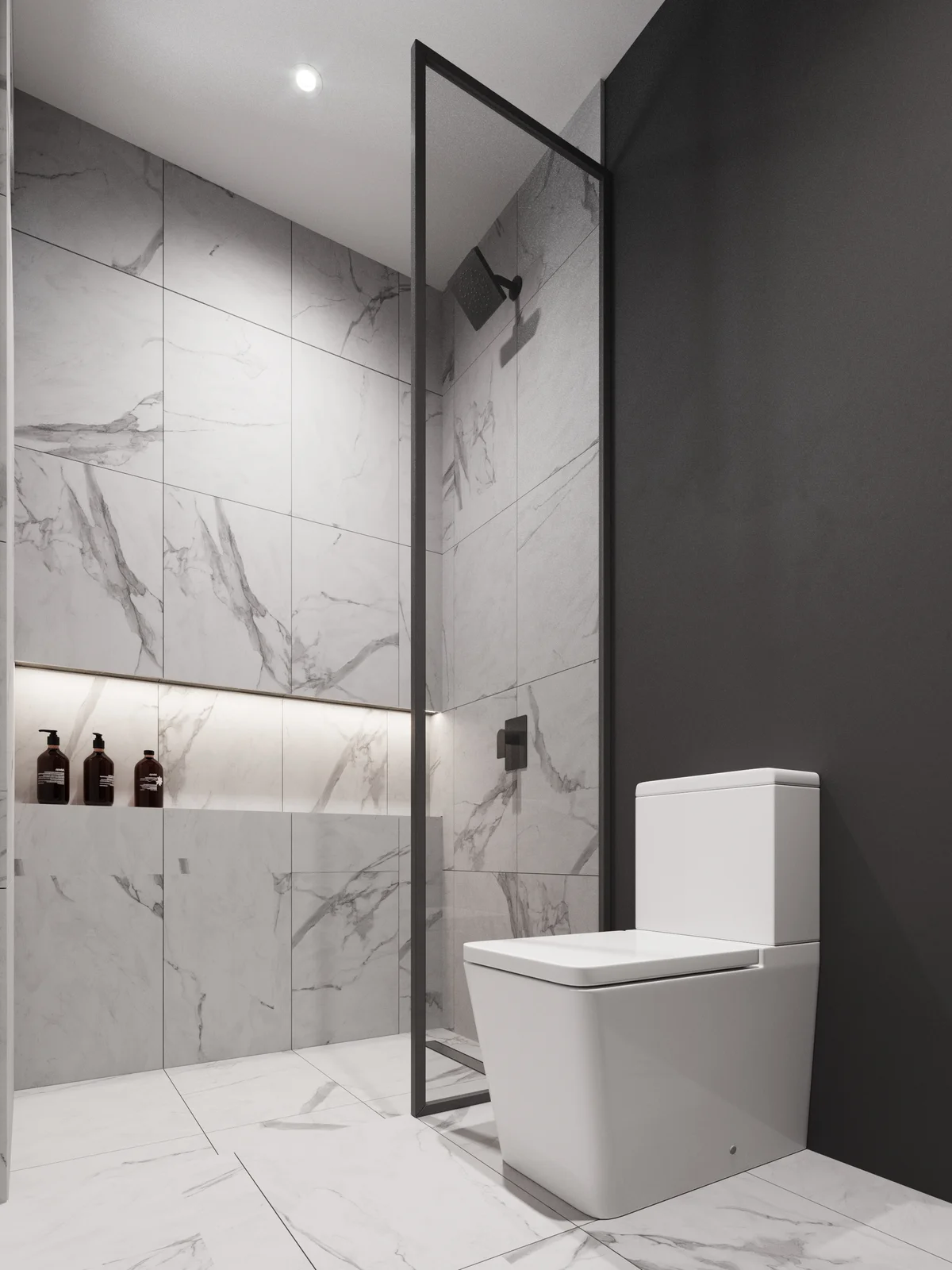 Image of a Modern Bathroom, featuring Walk-in Shower and Marble Tiling.