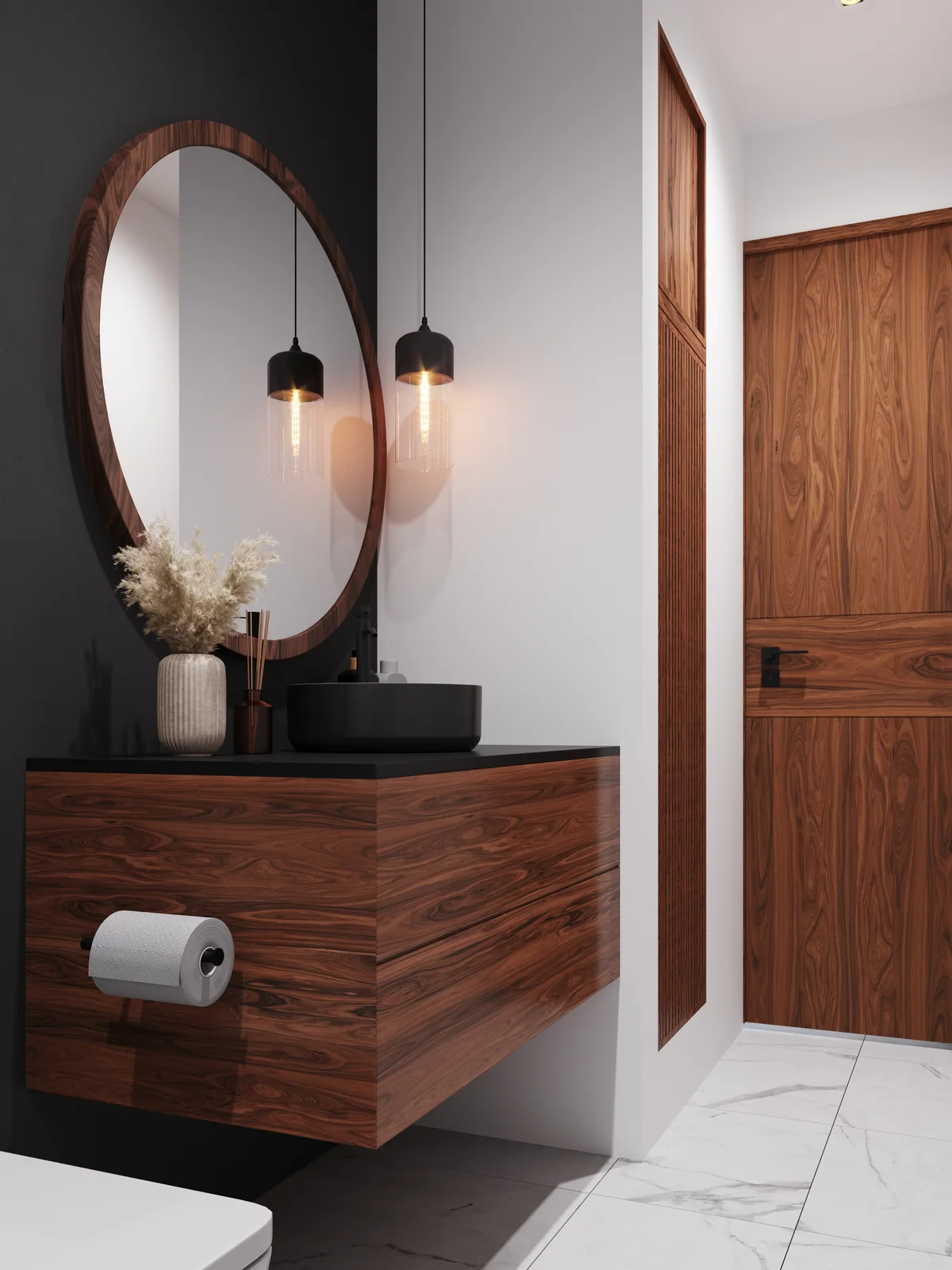 Image of a Modern Bathroom, featuring Floating Wood Vanity and Vessel Sink.
