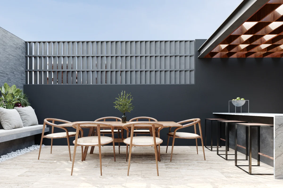 Image of a Modern Patio, featuring Outdoor Dining Area and Wooden Pergola.