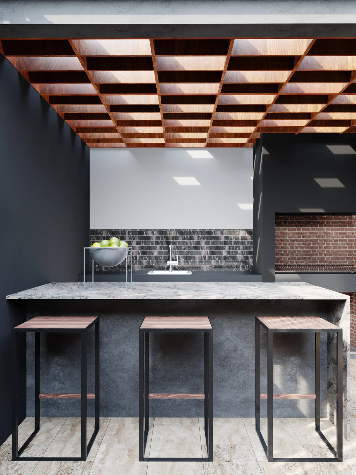 Image of a Outdoor Kitchen, featuring Marble Countertop and Breakfast Bar.