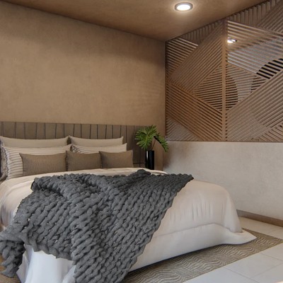 Image of a Modern Bedroom, featuring Wooden Slat Partition and Upholstered Headboard.