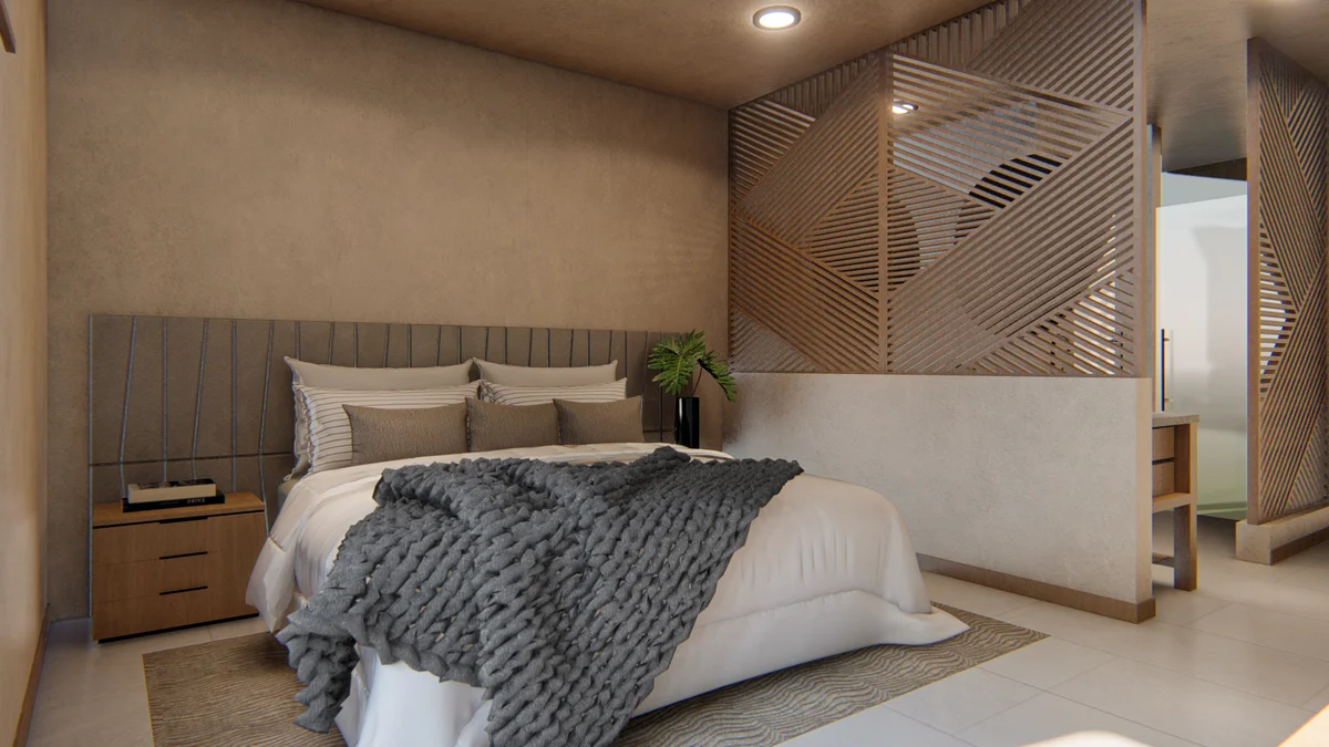 Image of a Modern Bedroom, featuring Wooden Slat Partition and Upholstered Headboard.