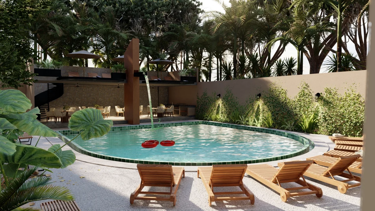 Image of a Resort-Style Pool, featuring Lush Landscaping and Poolside Sundeck.