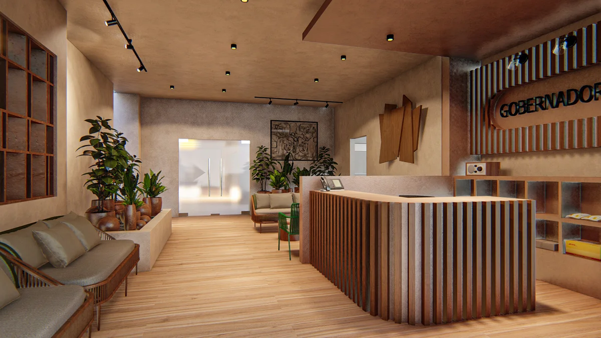 Image of a Reception Lobby, featuring Modern Design and Wood Slat Detailing.