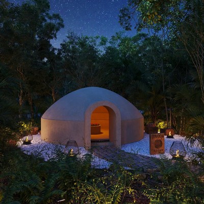 Image of a Temazcal Sweat Lodge, featuring Jungle Setting and Lush Garden.