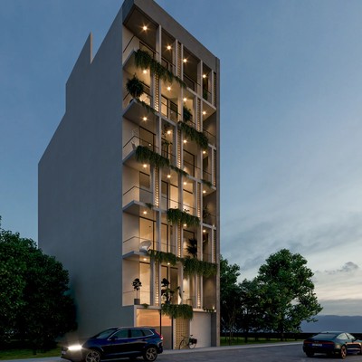 Image of a Modern Apartment Building, featuring Private Balconies and Concrete Facade.