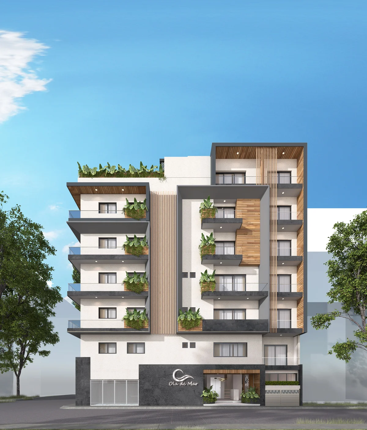 Image of a Modern Architecture, featuring Private Balconies and Wood Accent Facade.