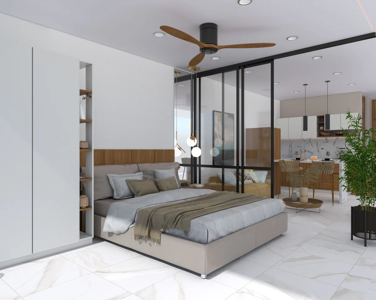 Image of a Open-Concept Studio, featuring Modern Kitchen and Marble-Look Tile Flooring.