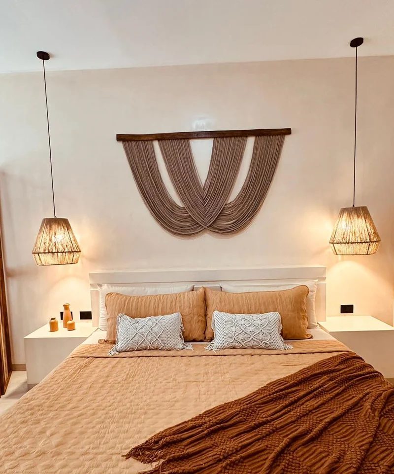 Image of a Master Bedroom, featuring Boho-Chic Design and Pendant Lighting.