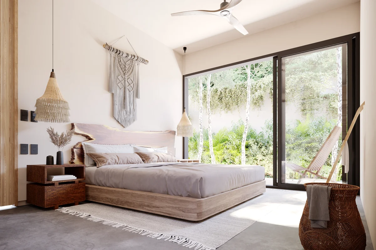 Image of a Serene Bedroom, featuring Bohemian Decor and Natural Wood Furnishings.