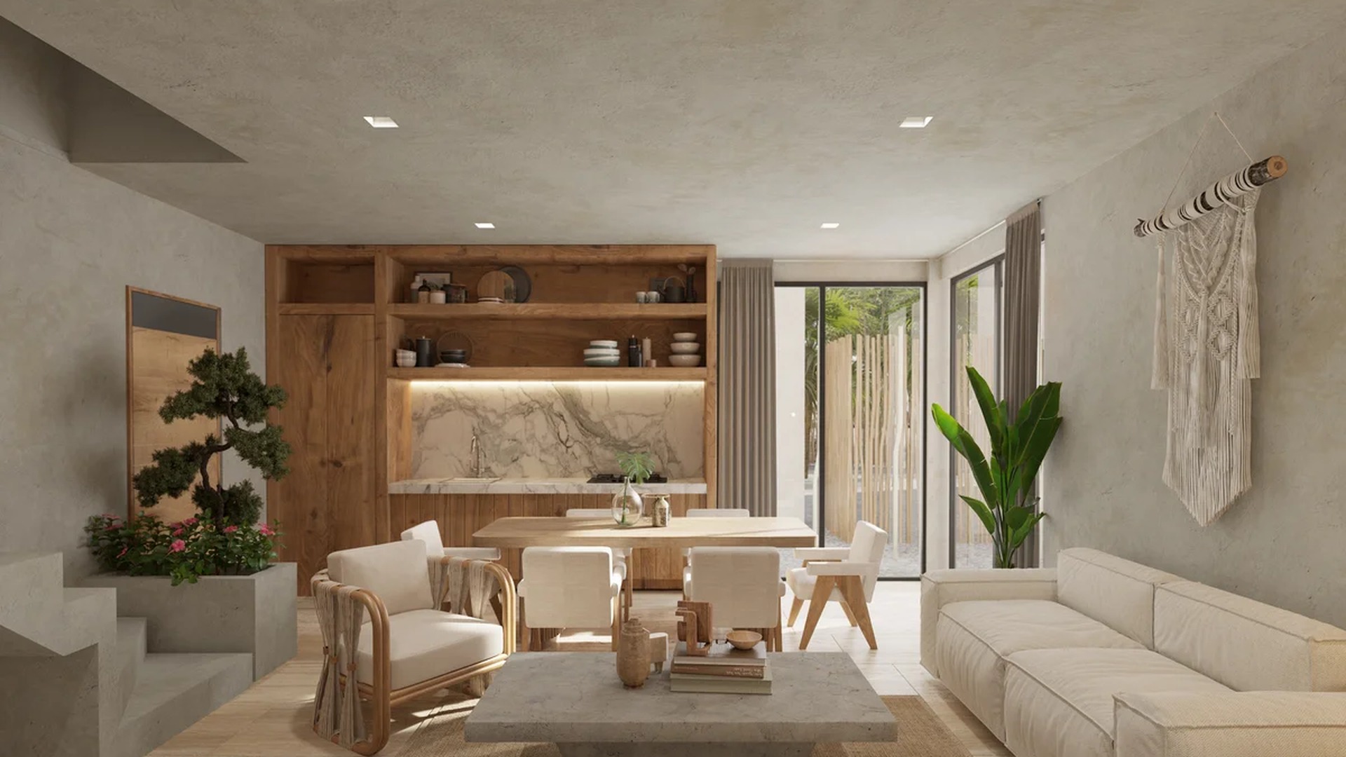 Image of a Open Concept Living, featuring Japandi Style Decor and Natural Wood Cabinetry.