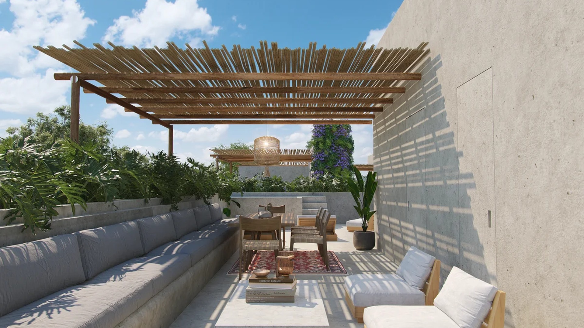 Image of a Spacious Rooftop Terrace, featuring Outdoor Lounge Area and Wooden Pergola.