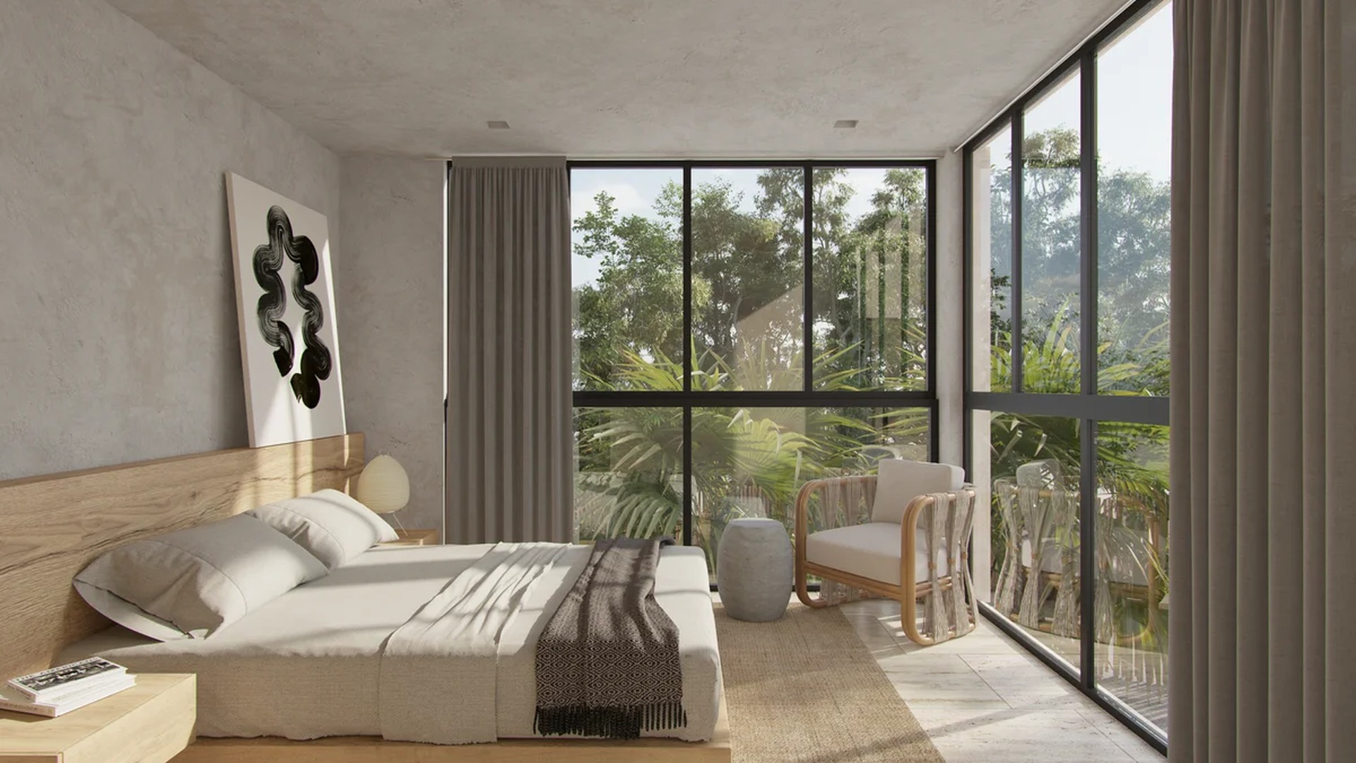 Image of a Master Bedroom, featuring Floor-to-Ceiling Windows and Lush Garden View.