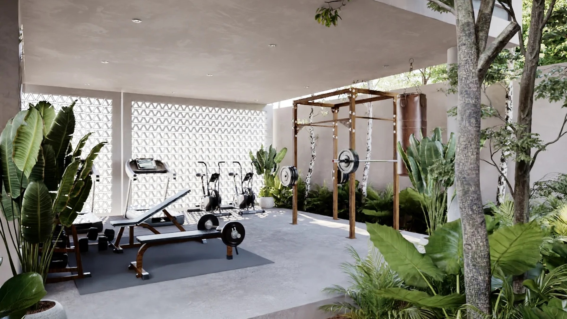 Image of a Open-Air Gym, featuring Fully-Equipped Fitness Center and Lush Landscaping.