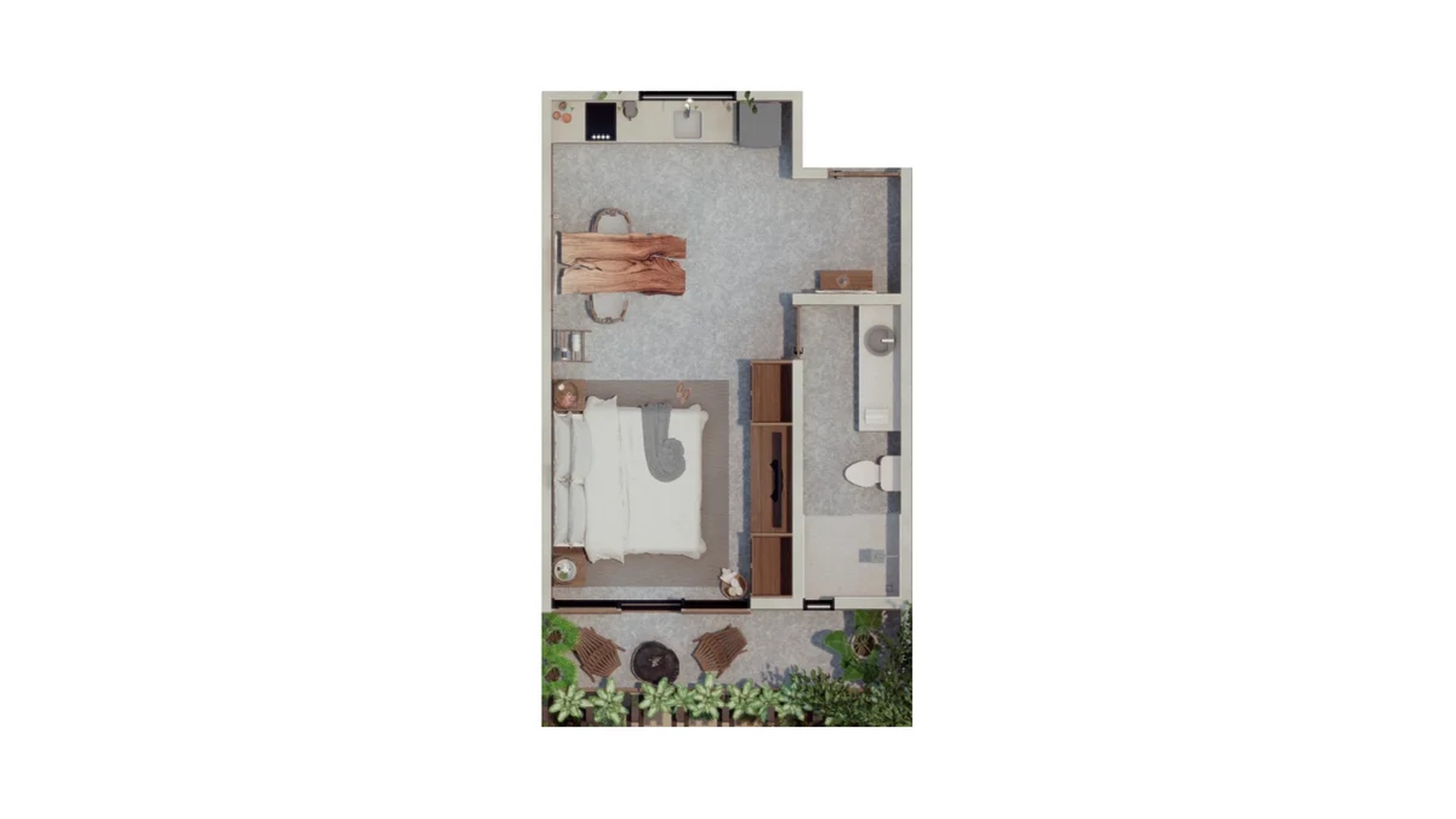 Image of a Studio Apartment Floor Plan, featuring Open Concept Layout and Private Balcony.
