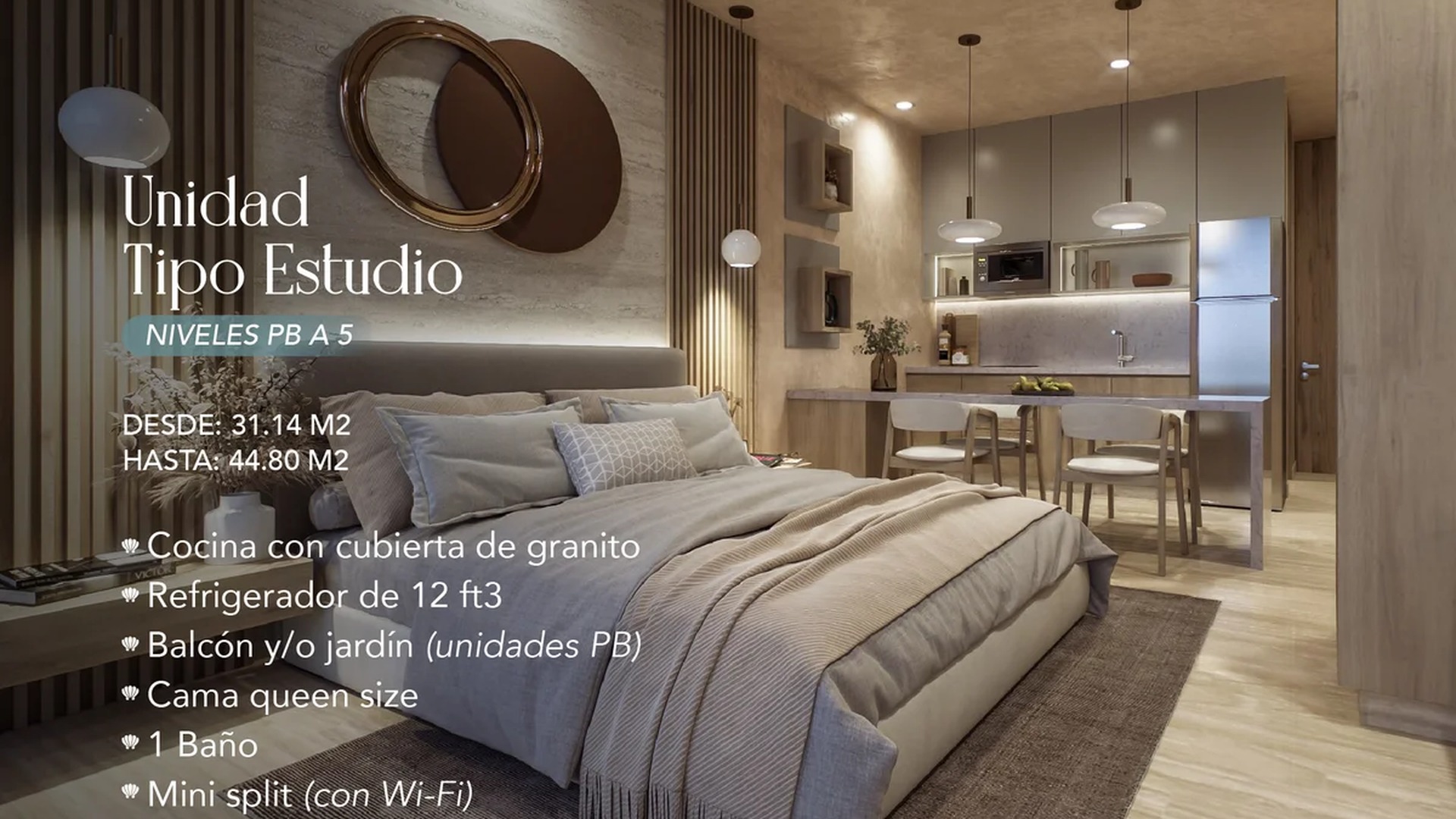 Image of a Studio Apartment, featuring Modern Kitchenette and Granite Countertops.