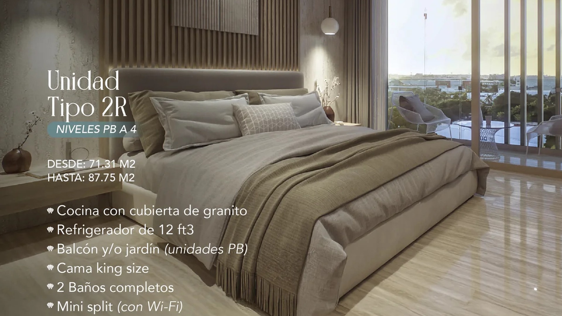 Image of a Master Bedroom, featuring King Size Bed and Marble Floors.