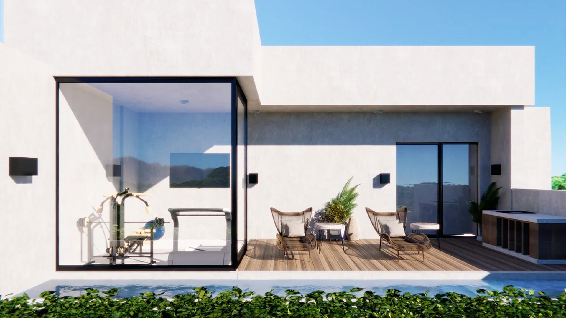 Image of a Private Pool, featuring Home Gym and Modern Architecture.