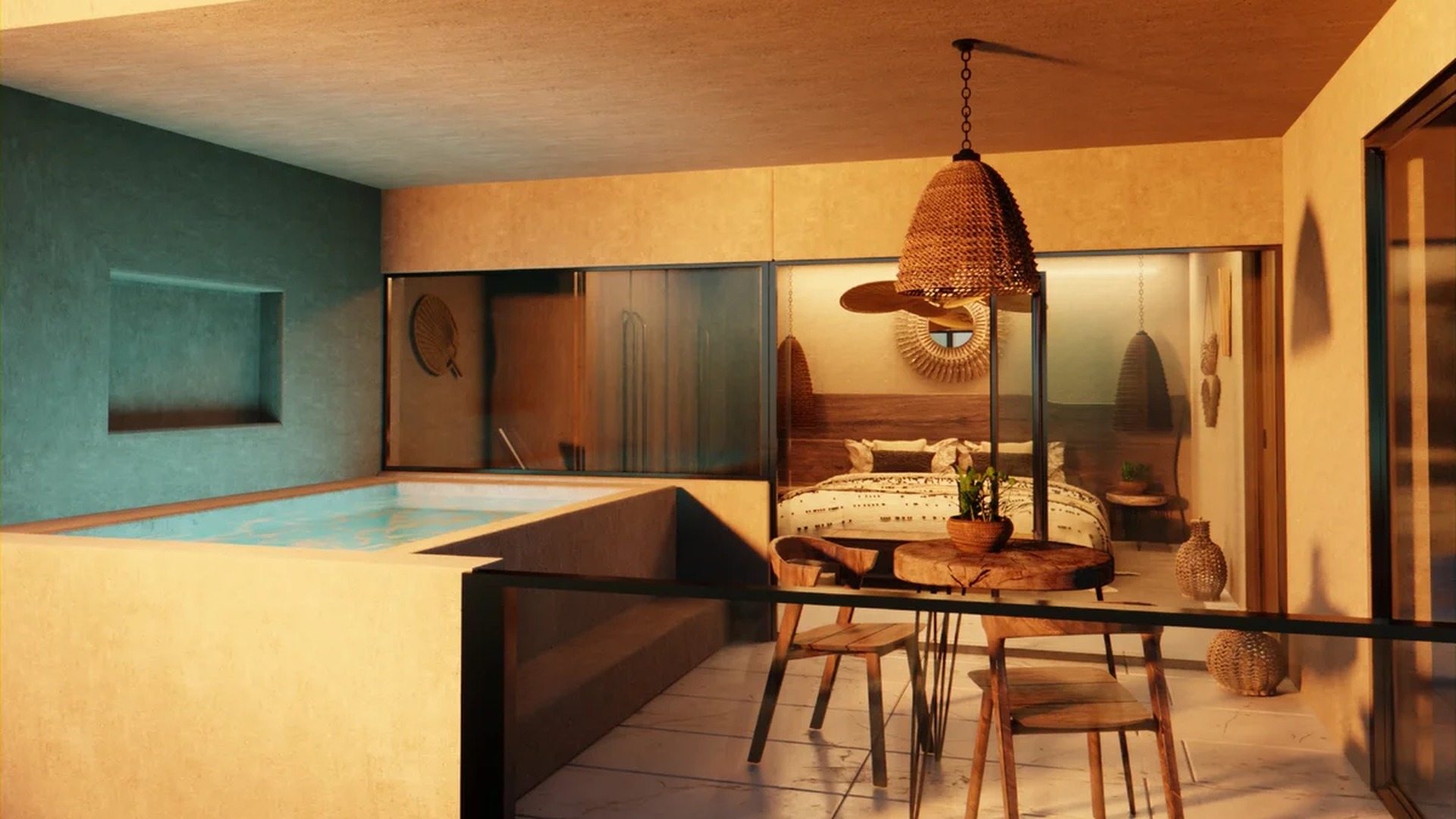 Image of a Private Plunge Pool, featuring Bedroom with Balcony and Bohemian Chic Decor.