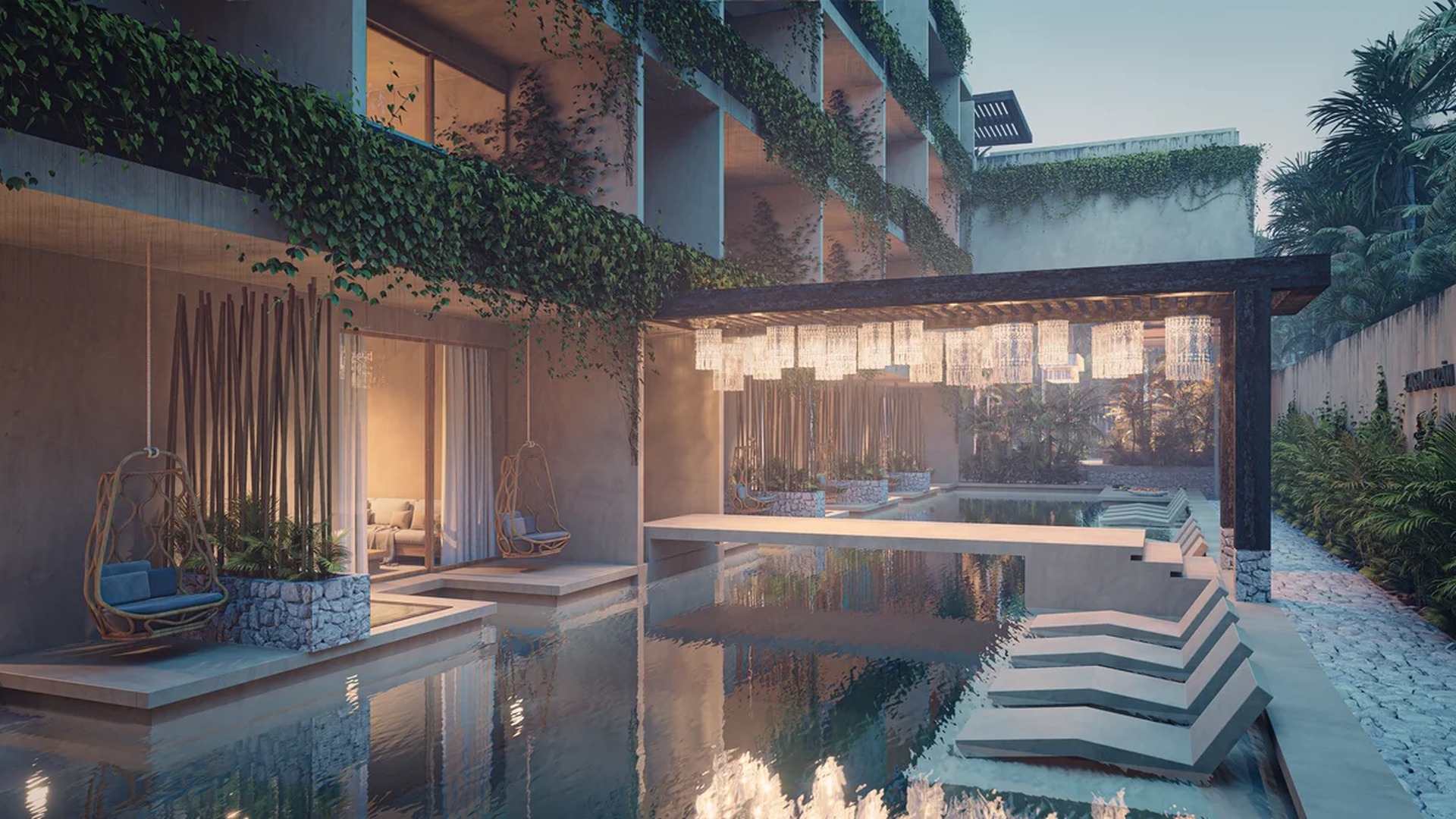 Image of a Resort-Style Pool, featuring Private Terrace and Modern Tropical Design.