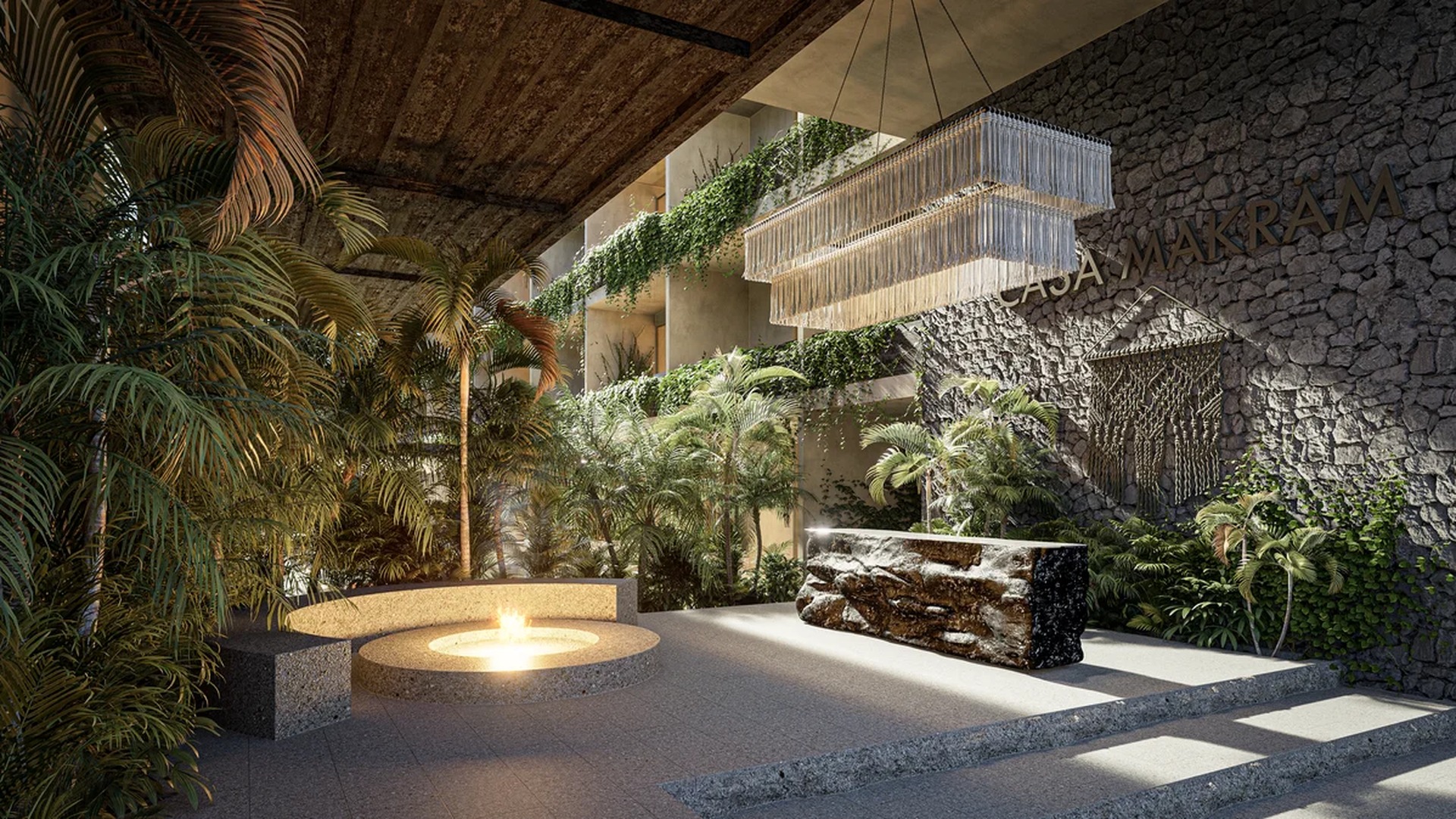 Image of a Outdoor Lobby, featuring Lush Greenery and Stone Accent Wall.