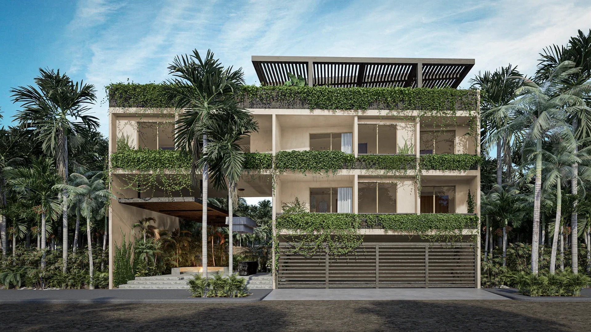 Image of a Modern Tropical Architecture, featuring Green Facade and Lush Gardens.