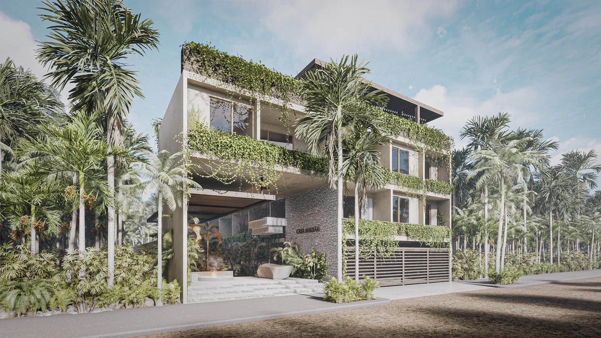 Image of a Modern Tropical Architecture, featuring Green Facade and Stone Exterior.