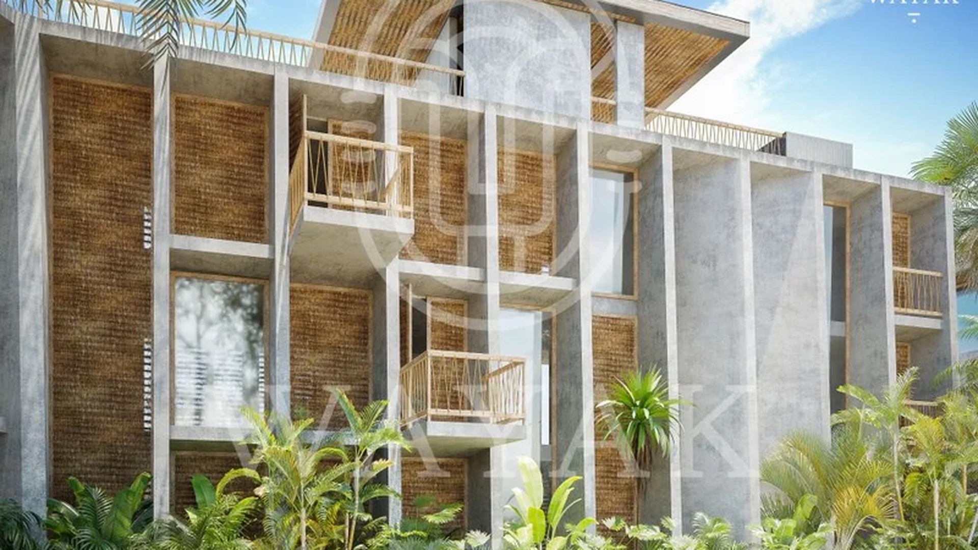 Image of a Modern Tropical Architecture, featuring Concrete Facade and Private Balconies.