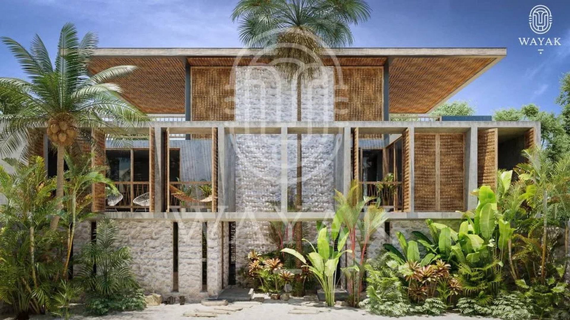Image of a Tropical Modern Architecture, featuring Natural Stone Facade and Lush Garden.