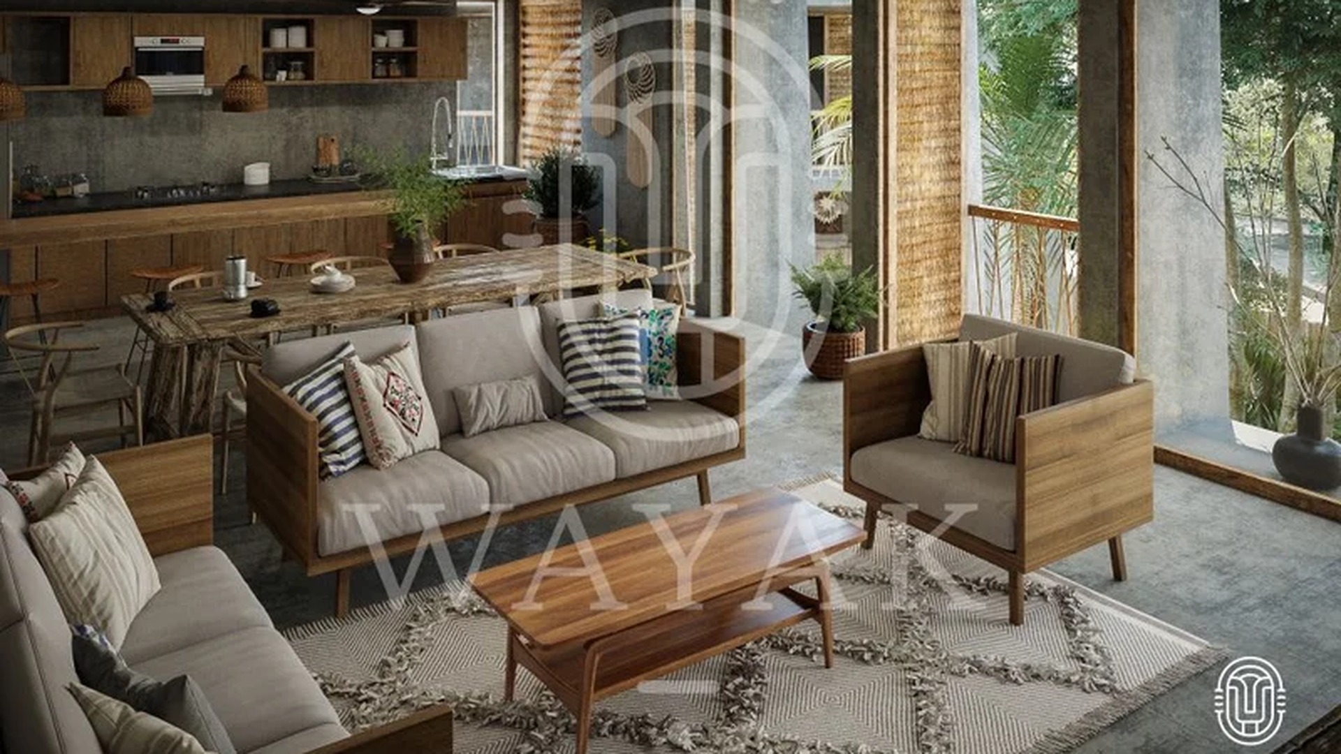 Image of a Open-Concept Living, featuring Rustic Modern Design and Concrete Floors and Walls.