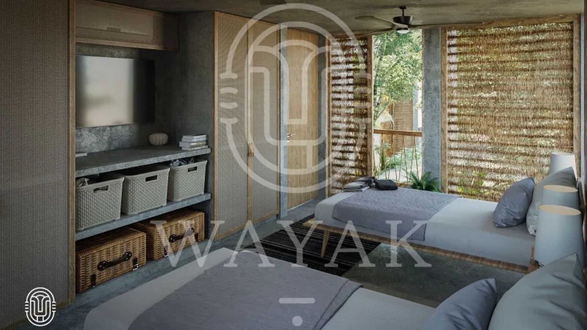 Image of a Double Bedroom, featuring Rustic Modern Design and Polished Concrete Walls.