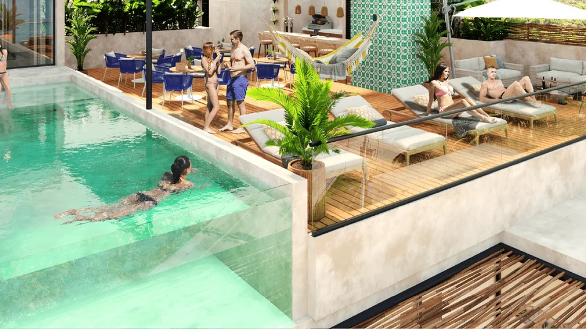 A middle-left view of a Person featuring swimming pool and resort.