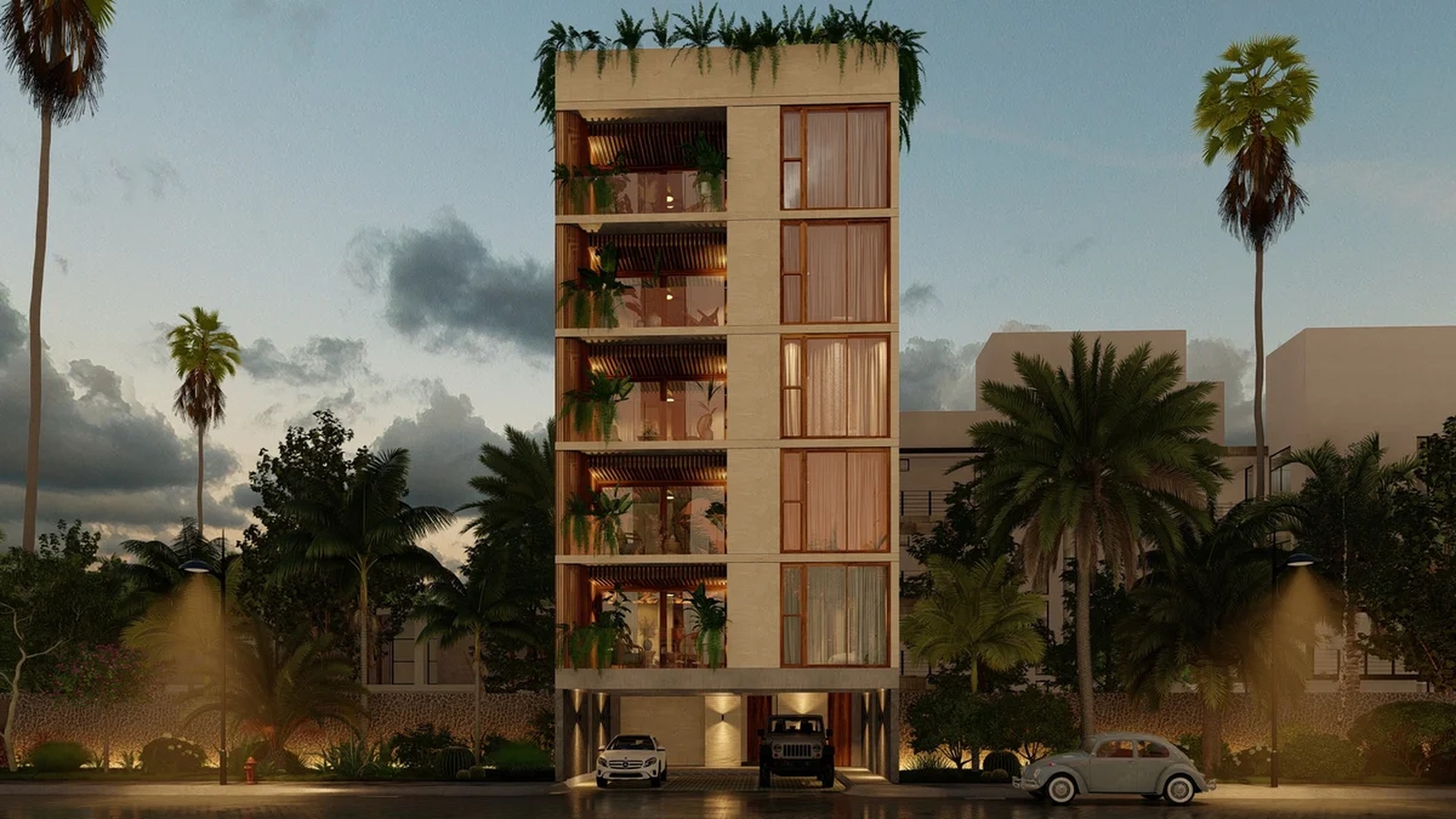 Image of a Modern Apartment Building, featuring Private Balconies and Rooftop Garden.