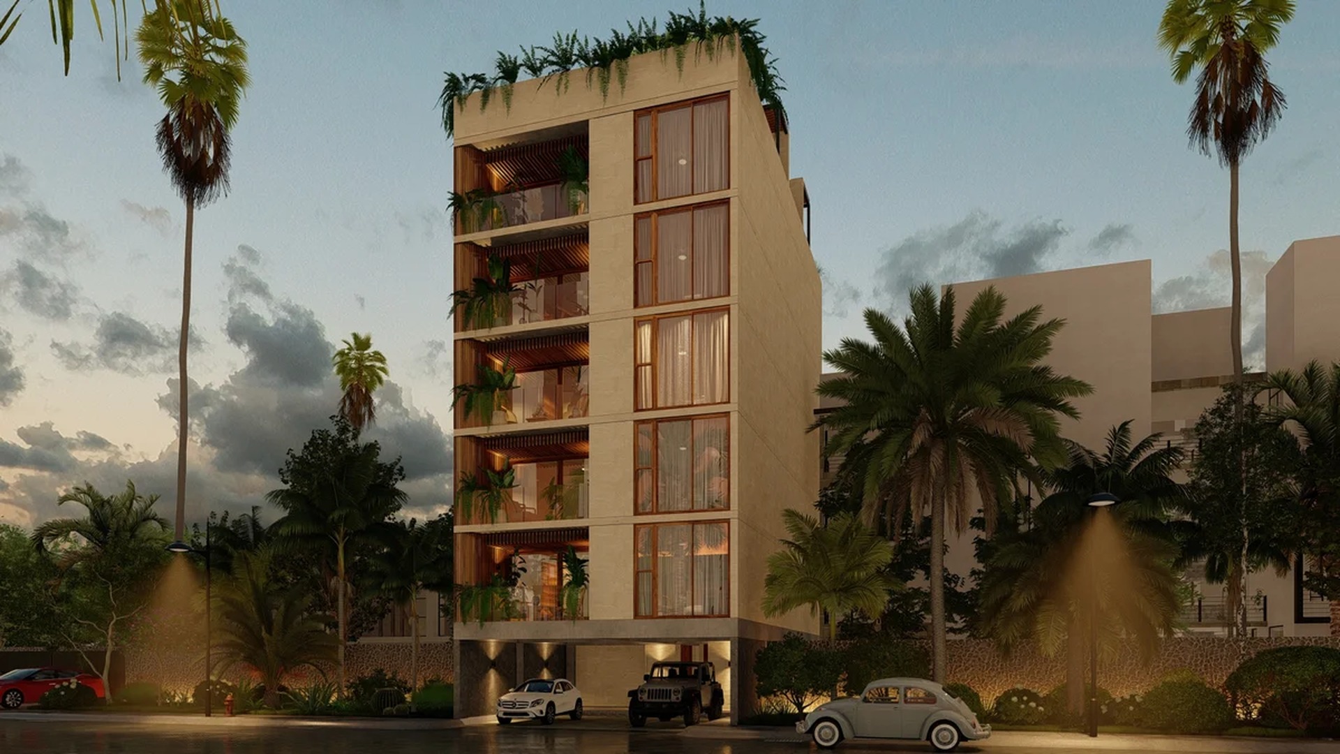 Image of a Modern Architecture, featuring Private Balconies and Rooftop Garden.