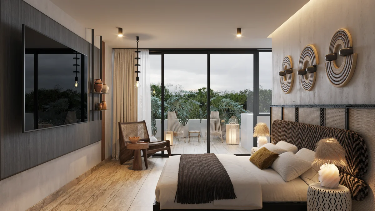 Image of a Master Bedroom, featuring Private Balcony and Floor-to-Ceiling Windows.