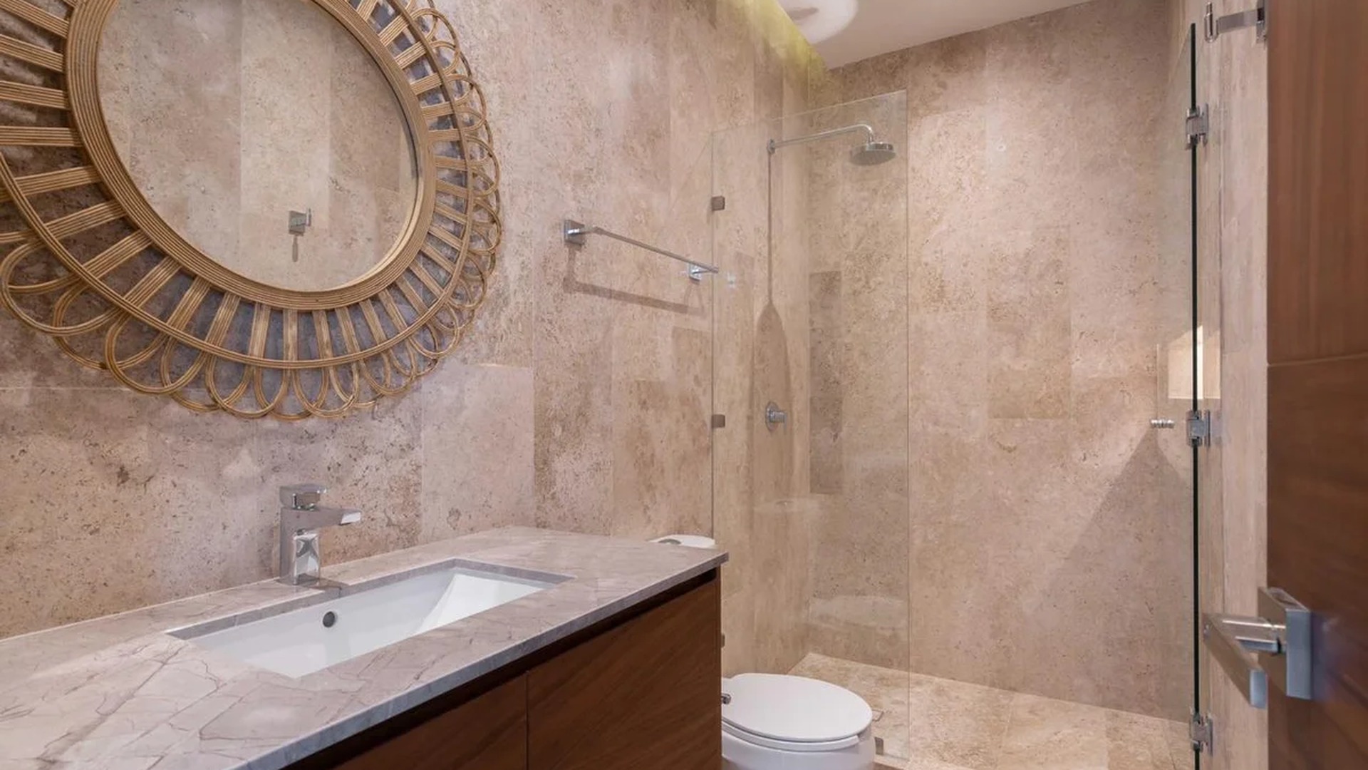 Image of a Modern Bathroom, featuring Walk-In Shower and Travertine Tiled Walls.