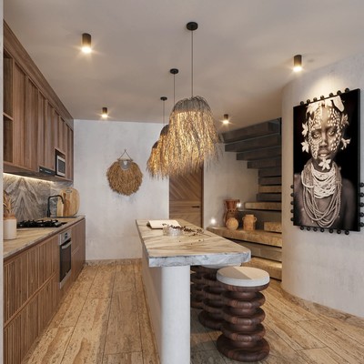 Image of a Modern Kitchen, featuring Kitchen Island and Marble Countertops.