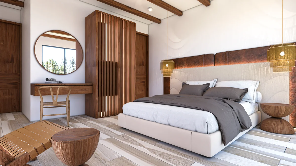 Image of a Master Bedroom, featuring Exposed Beam Ceiling and Natural Wood Finishes.