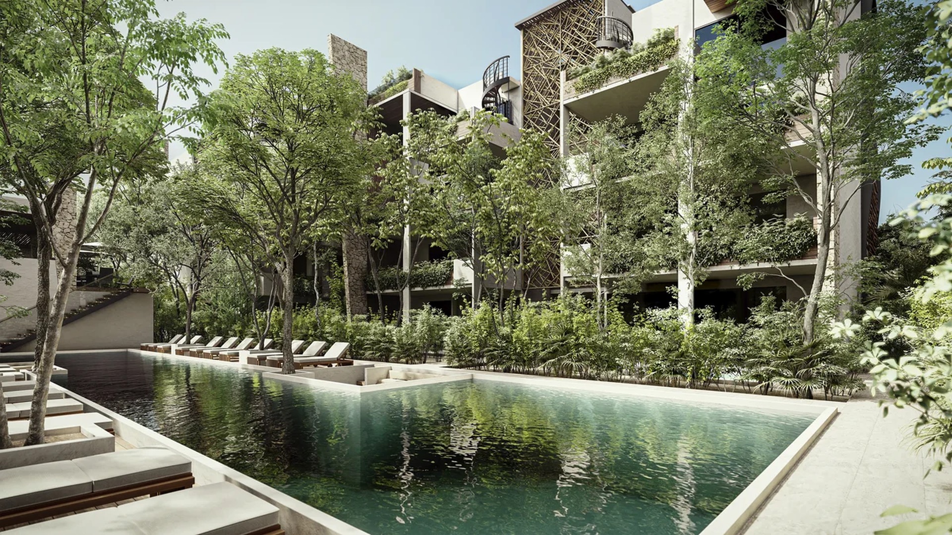 Image of a Resort-Style Pool, featuring Lush Landscaping and Modern Architecture.