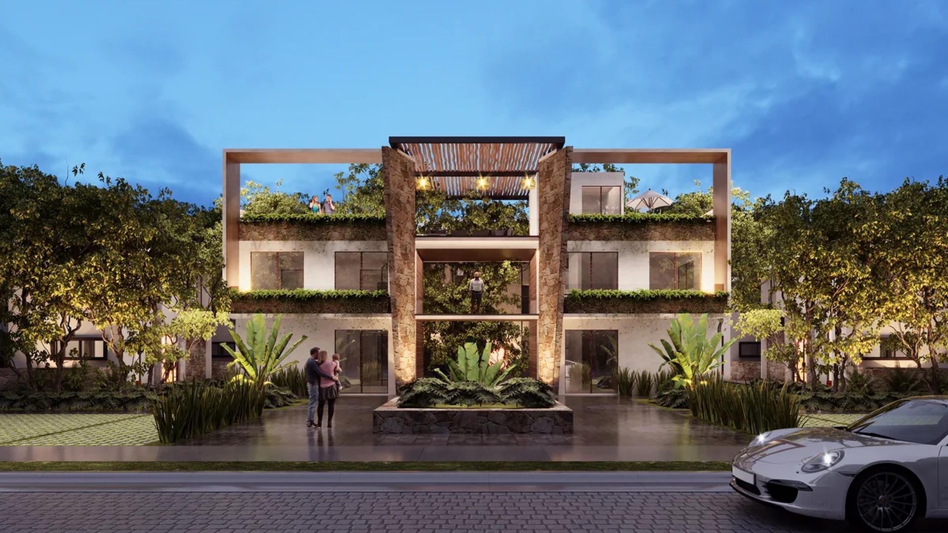 Image of a Modern Architecture, featuring Lush Landscaping and Natural Stone Facade.