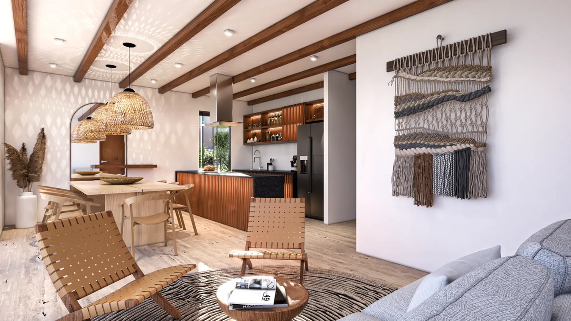 Image of a Open Concept Living, featuring Exposed Wood Beams and Modern Kitchen.