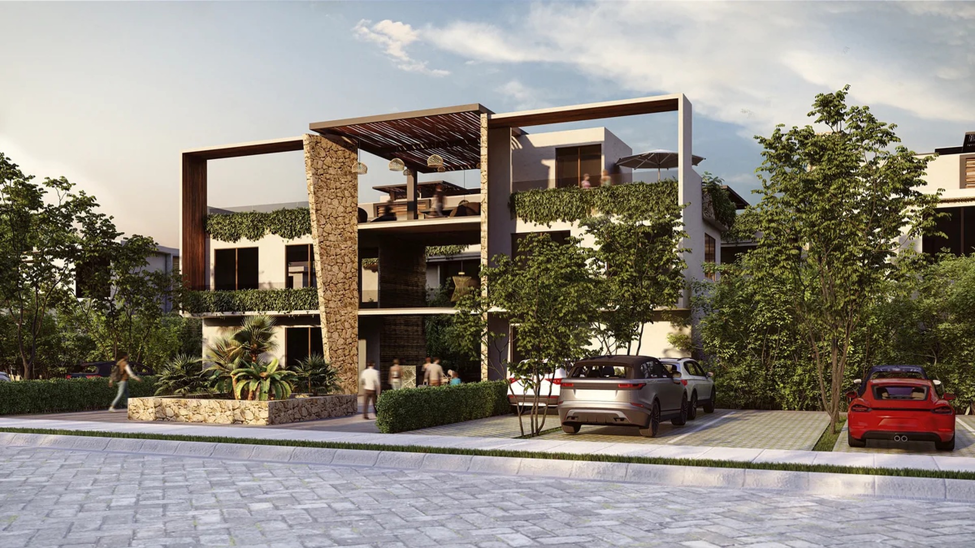 Image of a Modern Architecture, featuring Stone Accent Facade and Private Balconies.