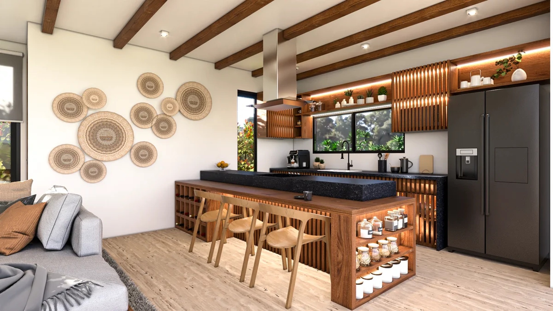 Image of a Modern Kitchen, featuring Open Concept Living and Exposed Wood Beams.